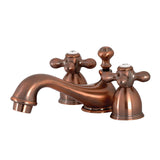 Restoration Two-Handle 3-Hole Deck Mount Mini-Widespread Bathroom Faucet with Brass Pop-Up