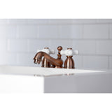 Restoration Two-Handle 3-Hole Deck Mount Mini-Widespread Bathroom Faucet with Brass Pop-Up