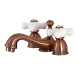 Restoration Two-Handle 3-Hole Deck Mount Mini-Widespread Bathroom Faucet with Brass Pop-Up