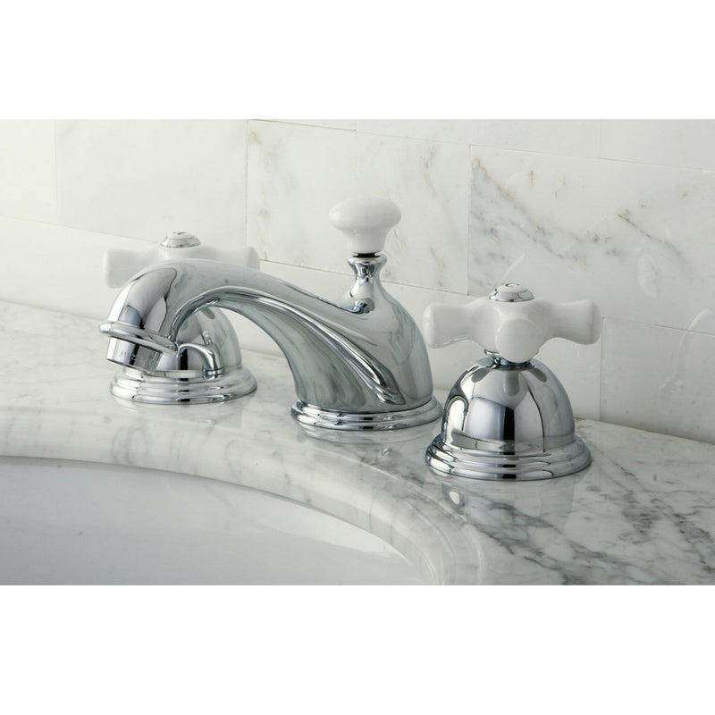 Restoration Two-Handle 3-Hole Deck Mount Widespread Bathroom Faucet with Brass Pop-Up