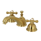 Restoration Two-Handle 3-Hole Deck Mount Widespread Bathroom Faucet with Brass Pop-Up