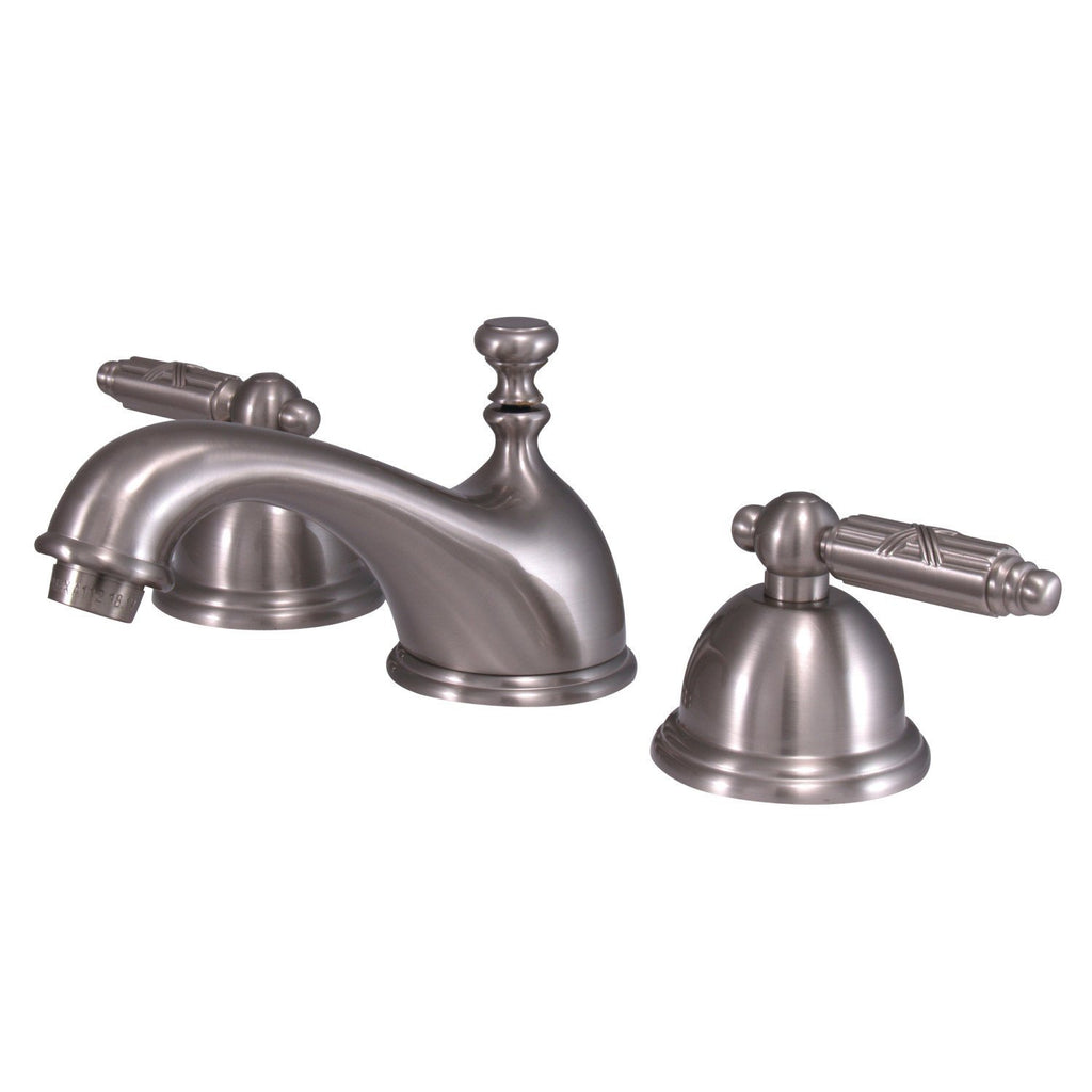 Georgian Two-Handle 3-Hole Deck Mount Widespread Bathroom Faucet with Brass Pop-Up