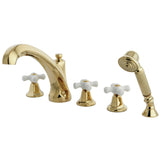 Three-Handle 5-Hole Deck Mount Roman Tub Faucet with Hand Shower