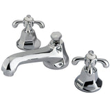 French Country Two-Handle 3-Hole Deck Mount Widespread Bathroom Faucet with Brass Pop-Up Drain