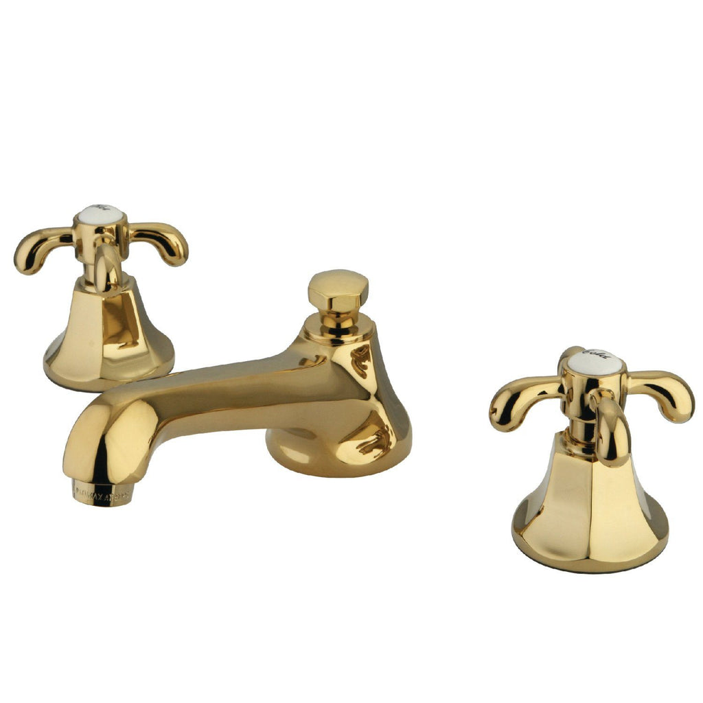 French Country Two-Handle 3-Hole Deck Mount Widespread Bathroom Faucet with Brass Pop-Up