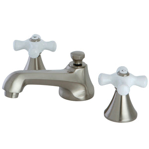 Two-Handle 3-Hole Deck Mount Widespread Bathroom Faucet with Brass Pop-Up