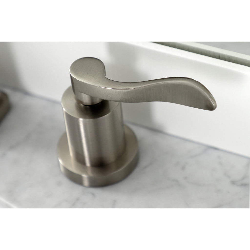 NuWave Two-Handle 3-Hole Deck Mount Widespread Bathroom Faucet with Brass Pop-Up