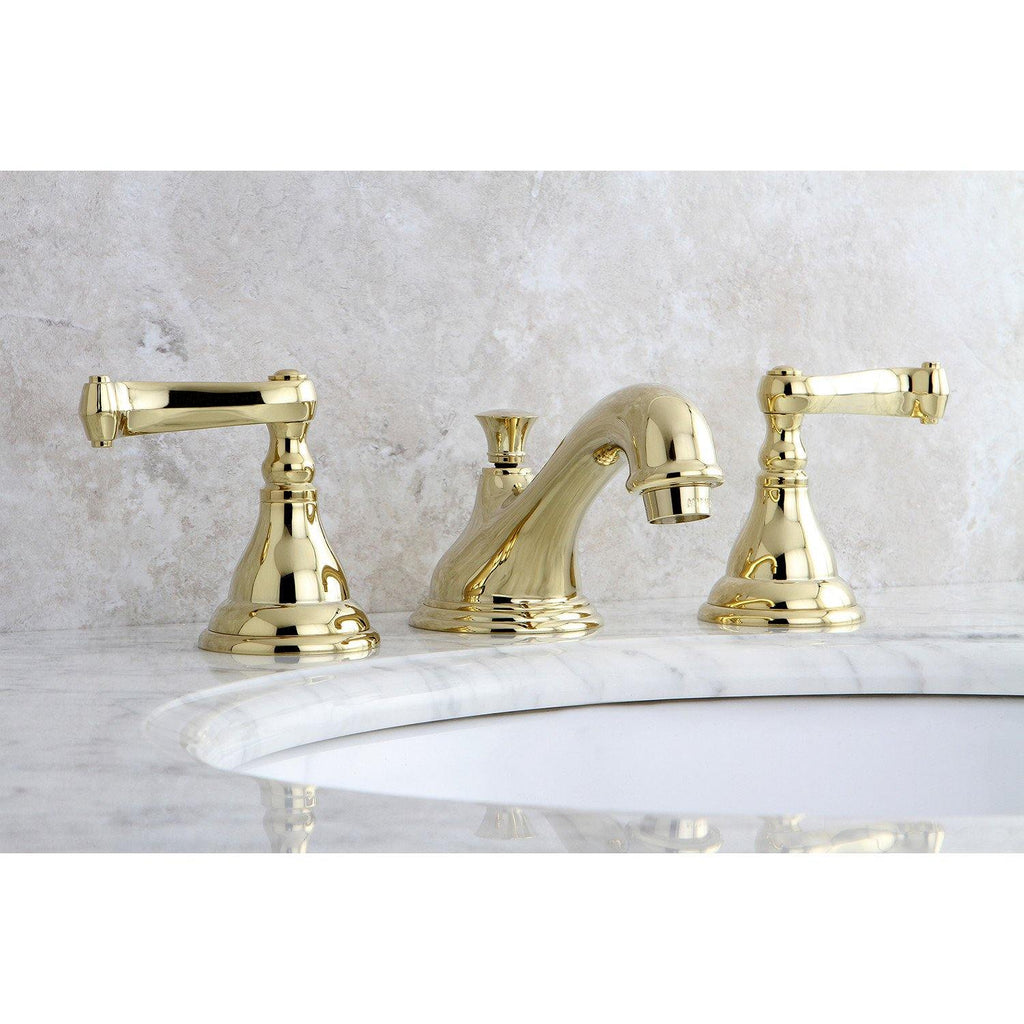 Royale Two-Handle 3-Hole Deck Mount Widespread Bathroom Faucet with Brass Pop-Up