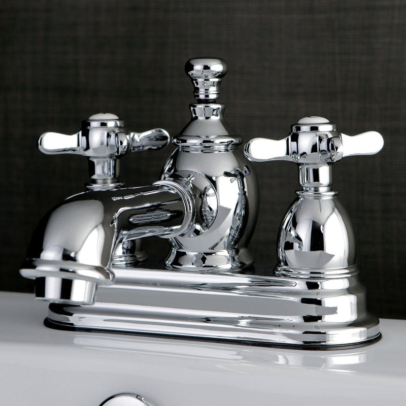 Essex Double-Handle 3-Hole Deck Mount 4-Inch Centerset Bathroom Faucet with Brass Pop-Up