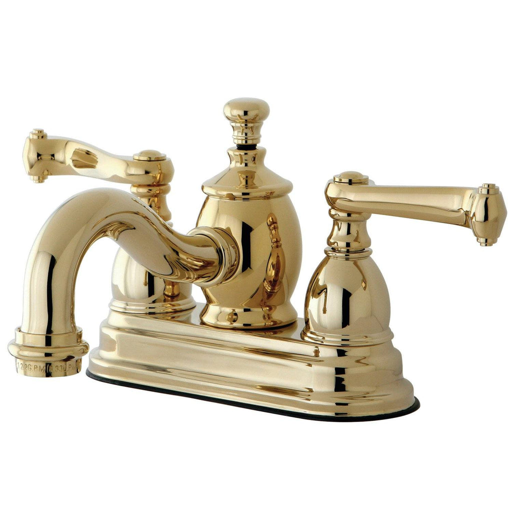 Royale Two-Handle 3-Hole Deck Mount 4" Centerset Bathroom Faucet with Brass Pop-Up