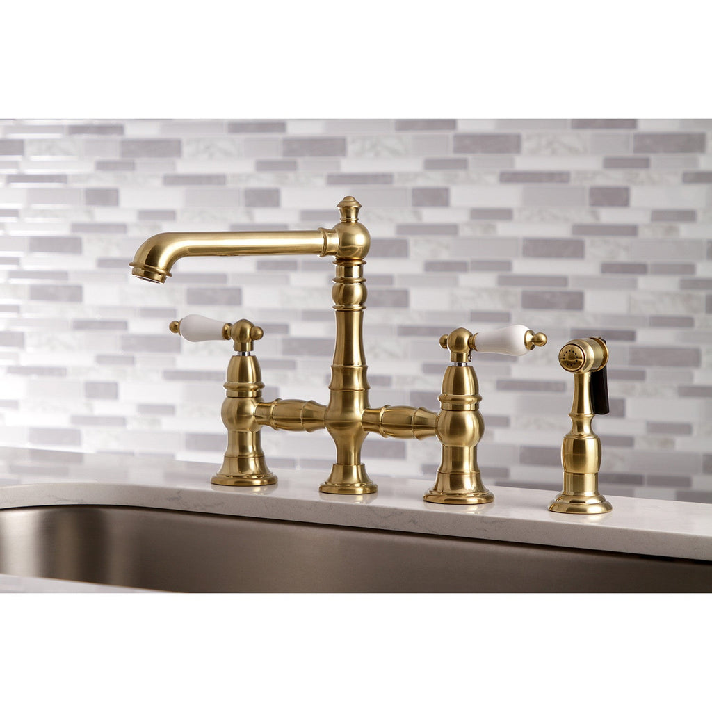 English Country Two-Handle 4-Hole Deck Mount Bridge Kitchen Faucet with Side Sprayer