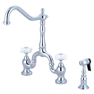 English Country Two-Handle 3-Hole Deck Mount Bridge Kitchen Faucet with Brass Sprayer