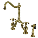 French Country Two-Handle 3-Hole Deck Mount Bridge Kitchen Faucet with Brass Sprayer