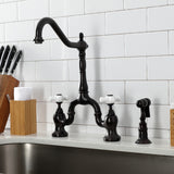 English Country Two-Handle 3-Hole Deck Mount Bridge Kitchen Faucet with Brass Side Sprayer