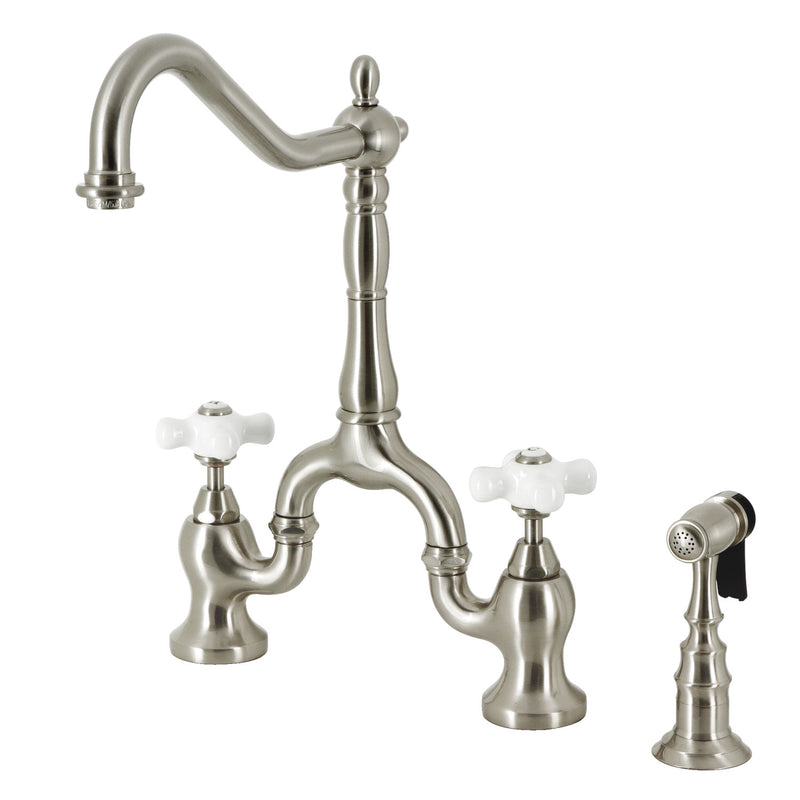 English Country Two-Handle 3-Hole Deck Mount Bridge Kitchen Faucet with Brass Side Sprayer