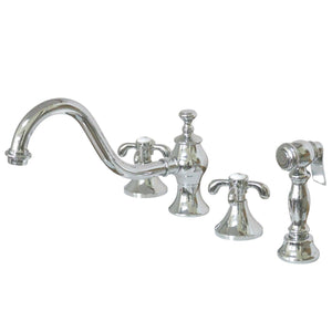 French Country Two-Handle 4-Hole Deck Mount Widespread Kitchen Faucet with Brass Sprayer