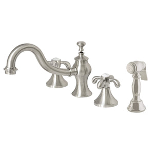 French Country Two-Handle 4-Hole Deck Mount Widespread Kitchen Faucet with Brass Sprayer