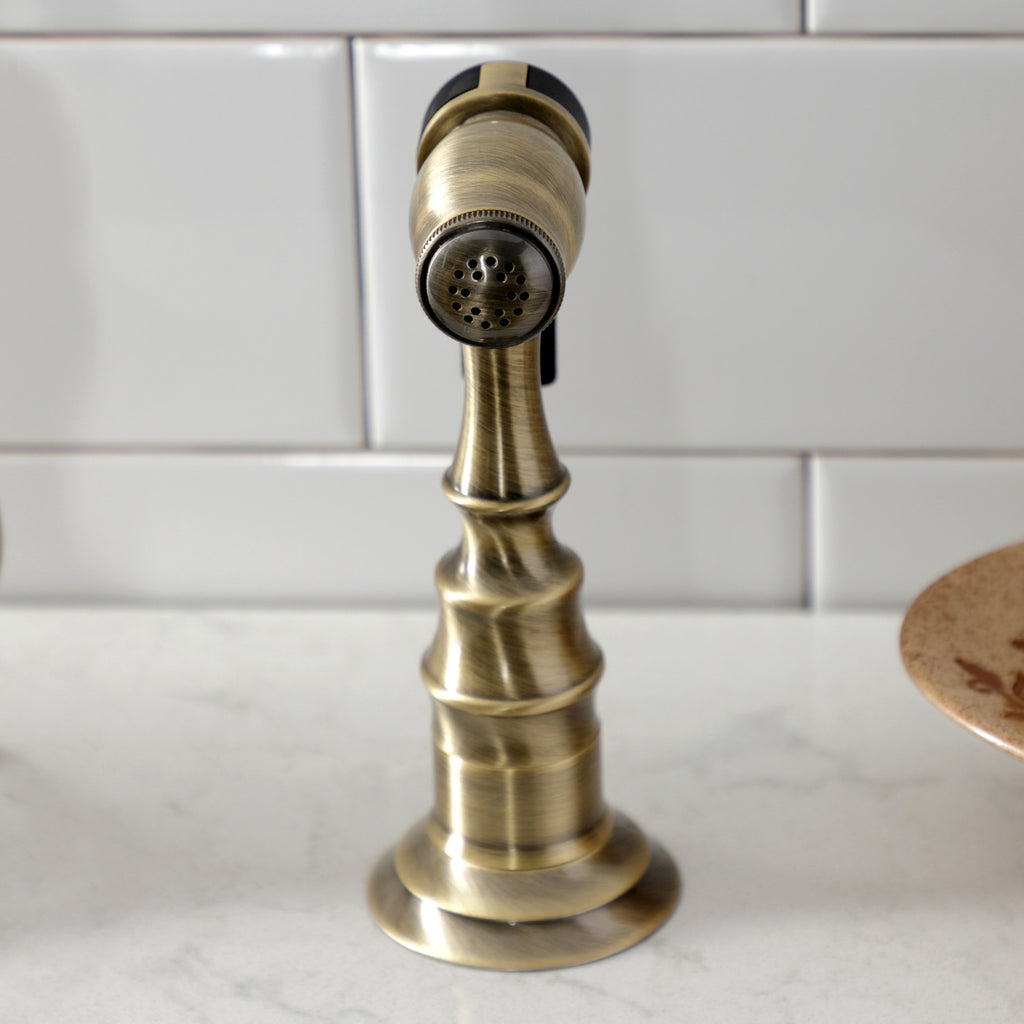 Heirloom Two-Handle 3-Hole Deck Mount Bridge Kitchen Faucet with Brass Sprayer