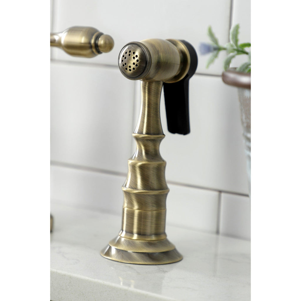 Tudor Two-Handle 3-Hole Deck Mount Bridge Kitchen Faucet with Brass Sprayer