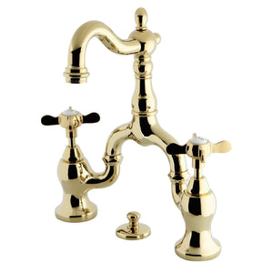 Essex Two-Handle 3-Hole Deck Mount Bridge Bathroom Faucet with Brass Pop-Up