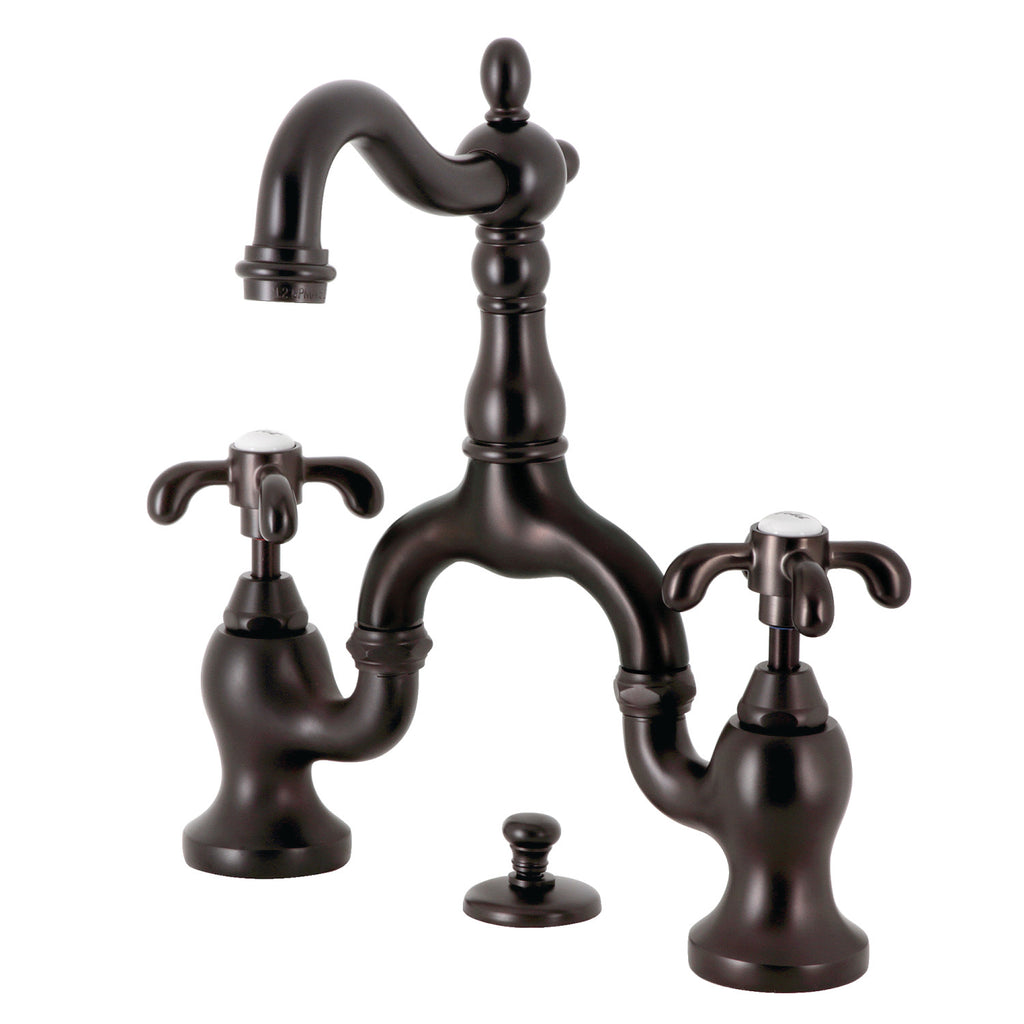 French Country Two-Handle 3-Hole Deck Mount Bridge Bathroom Faucet with Brass Pop-Up