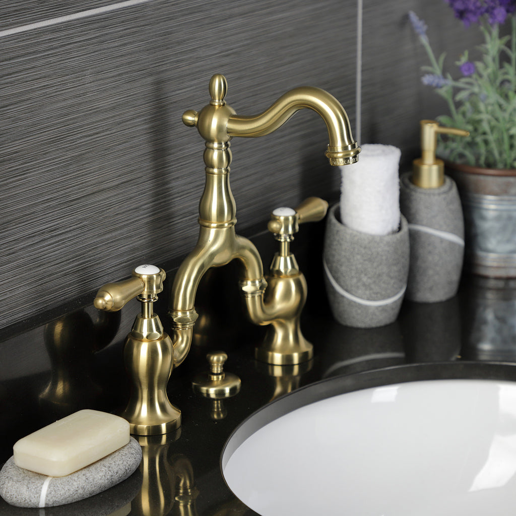 Heirloom Two-Handle 3-Hole Deck Mount Bridge Bathroom Faucet with Brass Pop-Up