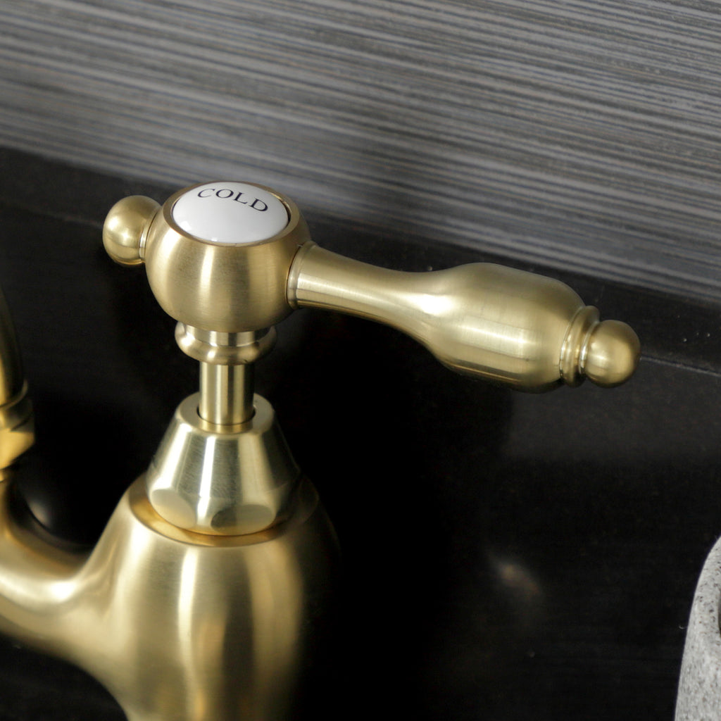 Tudor Two-Handle 3-Hole Deck Mount Bridge Bathroom Faucet with Brass Pop-Up