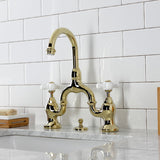 English Country Two-Handle 3-Hole Deck Mount Bridge Bathroom Faucet with Brass Pop-Up