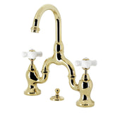 English Country Two-Handle 3-Hole Deck Mount Bridge Bathroom Faucet with Brass Pop-Up