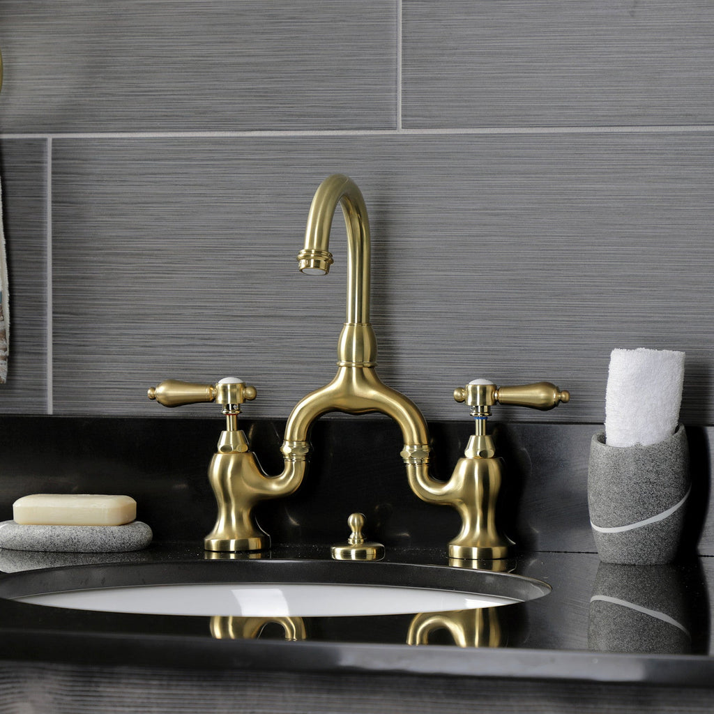 Heirloom Two-Handle 3-Hole Deck Mount Bridge Bathroom Faucet with Brass Pop-Up