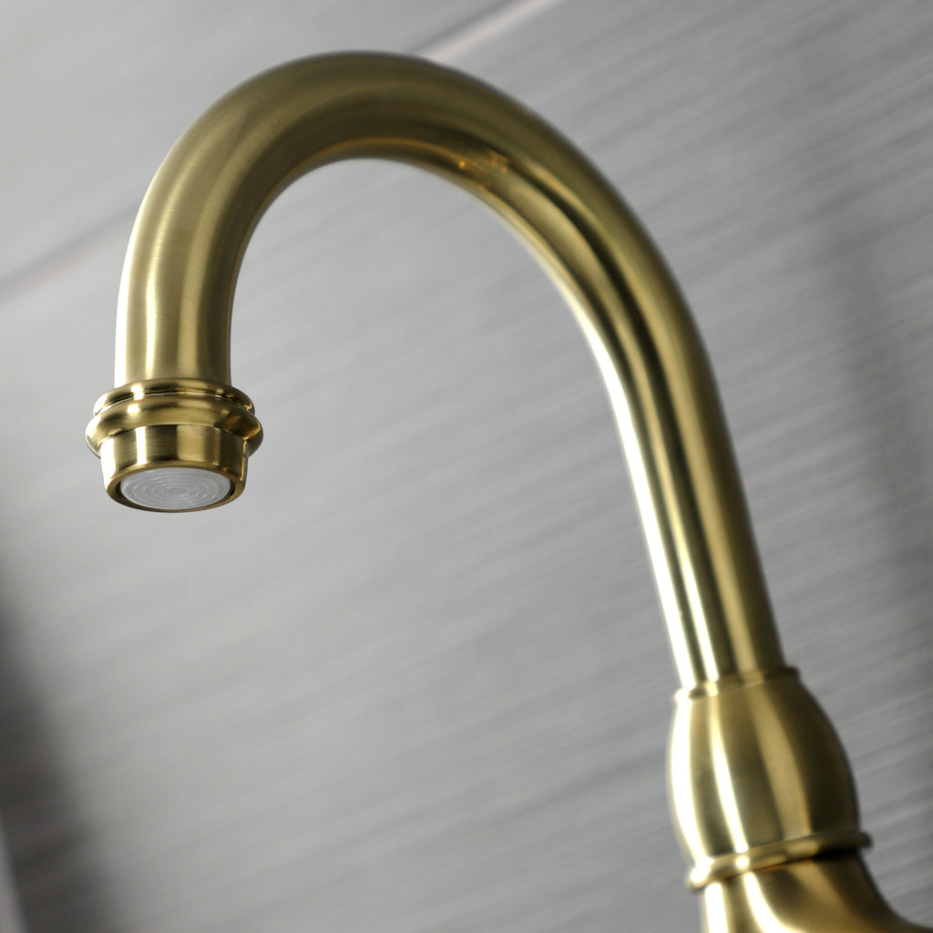 Tudor Two-Handle 3-Hole Deck Mount Bridge Bathroom Faucet with Brass Pop-Up
