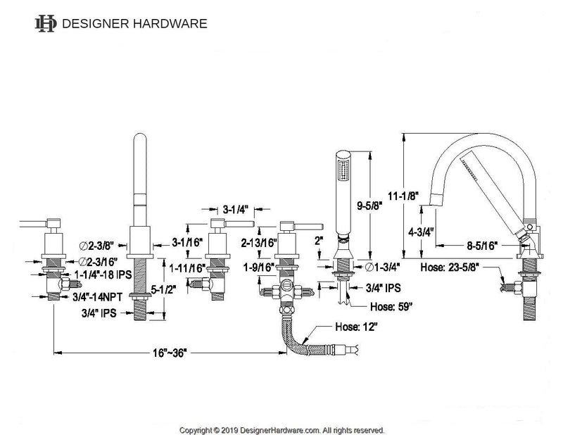 Concord Three-Handle 5-Hole Deck Mount Roman Tub Faucet with Hand Shower
