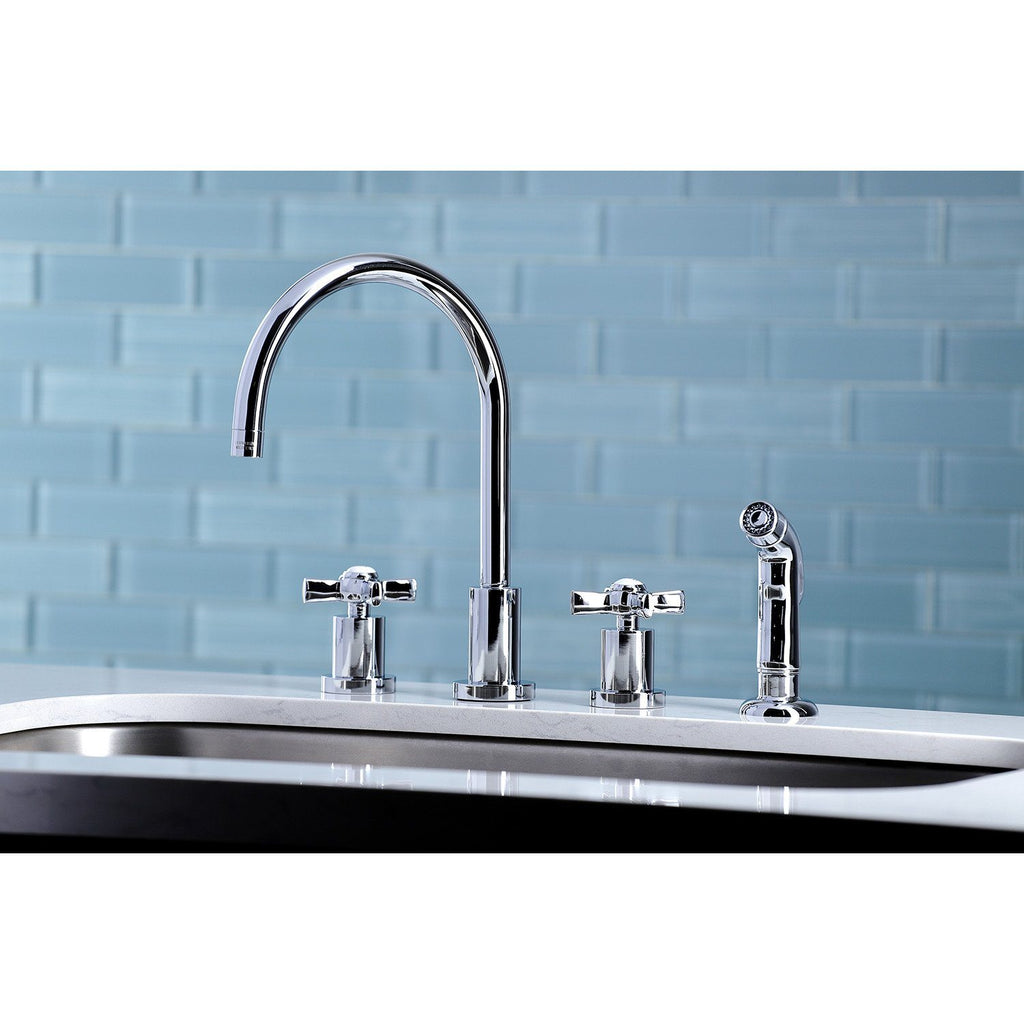 Millennium Two-Handle 4-Hole Deck Mount Widespread Kitchen Faucet with Plastic Sprayer