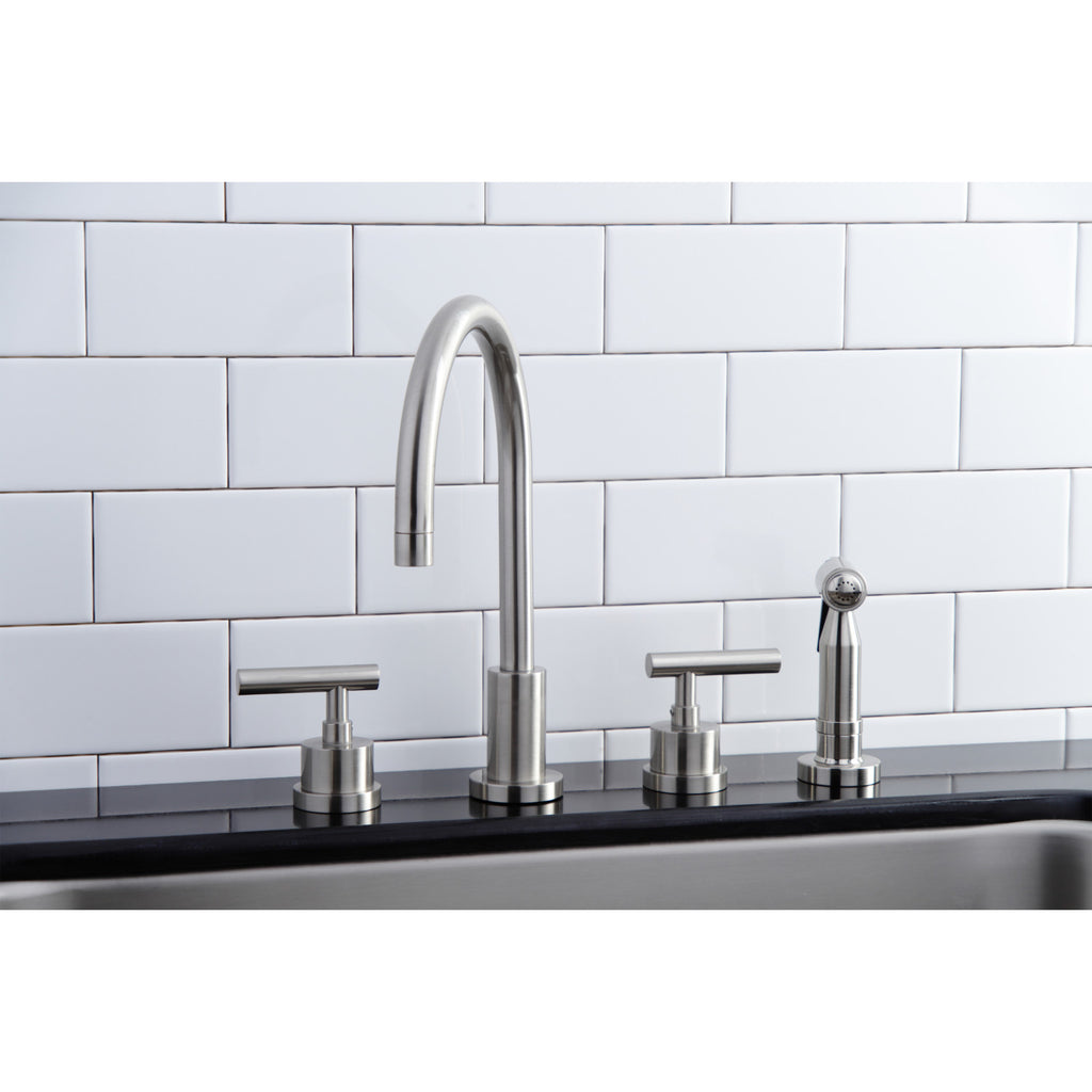 Manhattan Two-Handle 4-Hole Deck Mount Widespread Kitchen Faucet with Brass Sprayer