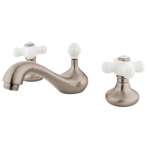 Two-Handle 3-Hole Deck Mount Widespread Bathroom Faucet with Plastic Pop-Up