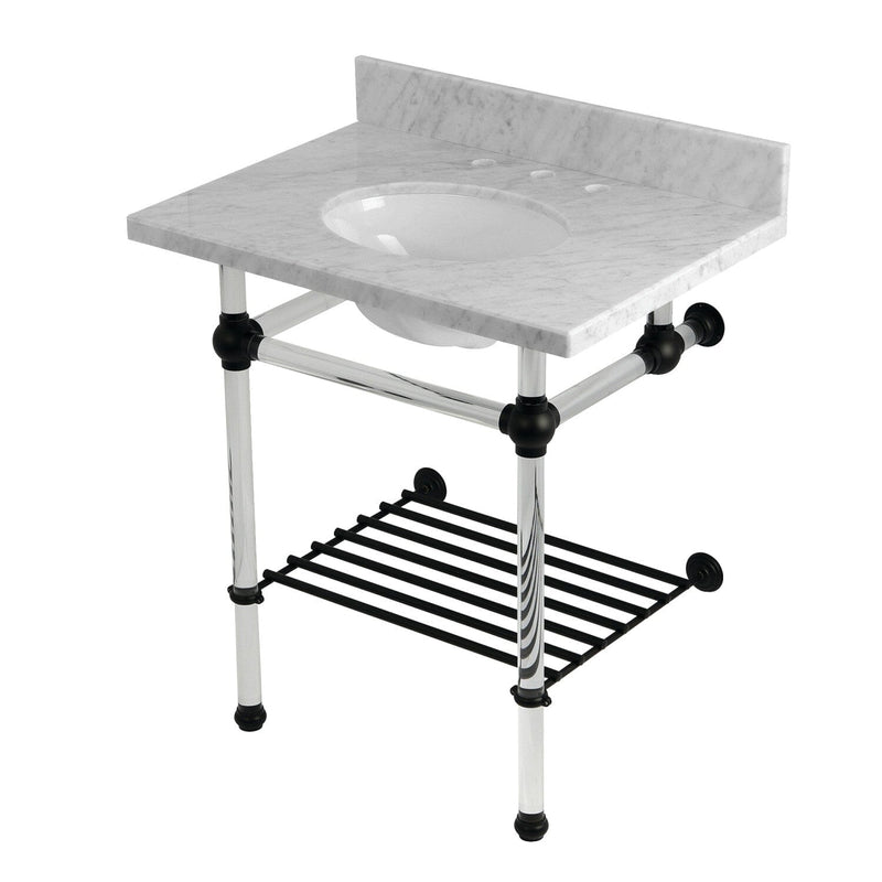 Templeton 30-Inch Carrara Marble Console Sink with Acrylic Legs and Shelf (8-Inch, 3-Hole)