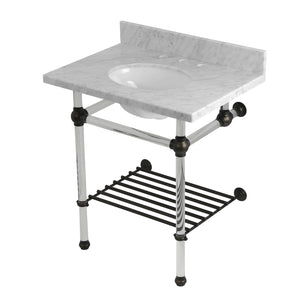 Templeton 30-Inch Carrara Marble Console Sink with Acrylic Legs and Shelf (8-Inch, 3-Hole)