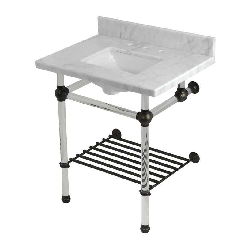 Templeton 30-Inch Carrara Marble Console Sink with Acrylic Legs and Shelf (8-Inch, 3-Hole)