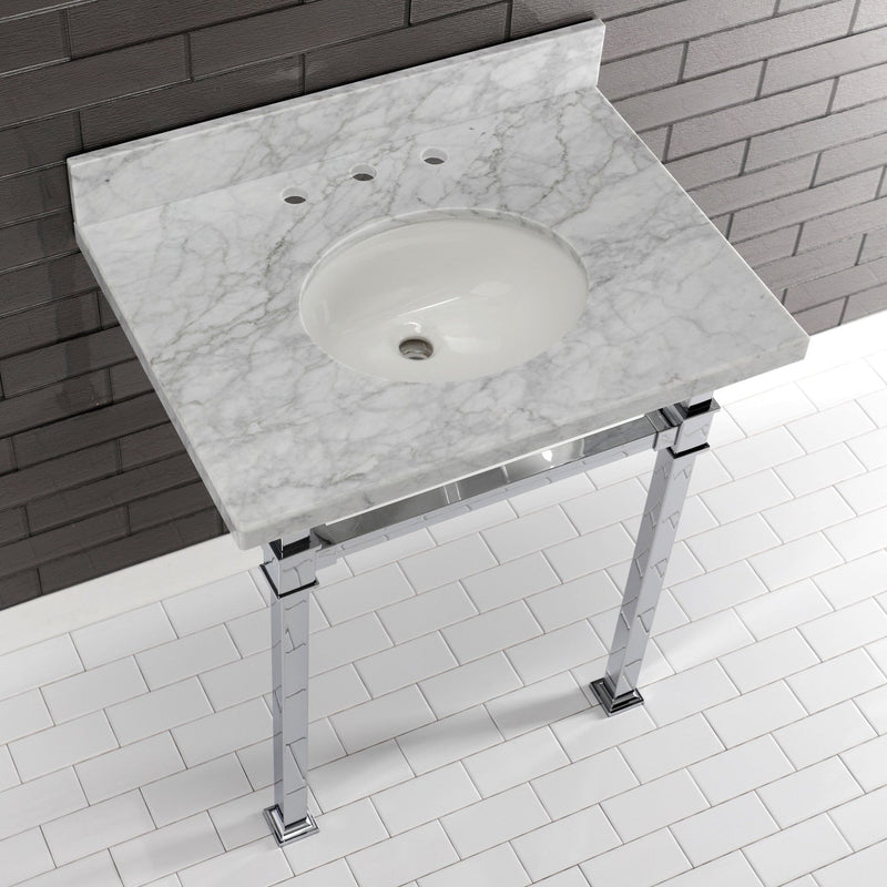 Monarch 30-Inch Carrara Marble Console Sink with Stainless Steel Legs (8-Inch, 3-Hole)