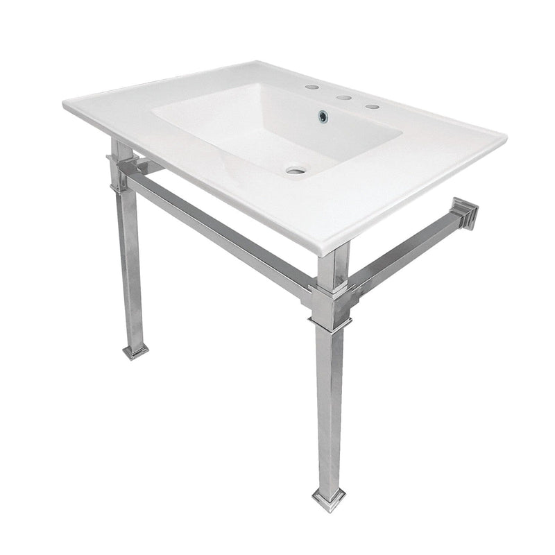 Monarch 31-Inch Ceramic Console Sink with Stainless Steel Legs (8-Inch, 3-Hole)
