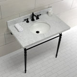 Edwardian 36-Inch Carrara Marble Console Sink with Brass Legs (8-Inch, 3-Hole)