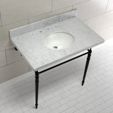 Edwardian 36-Inch Carrara Marble Console Sink with Brass Legs (8-Inch, 3-Hole)
