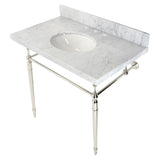 Edwardian 36-Inch Carrara Marble Console Sink with Brass Legs (8-Inch, 3-Hole)