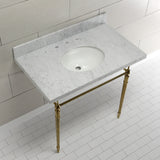 Edwardian 36-Inch Carrara Marble Console Sink with Brass Legs (8-Inch, 3-Hole)