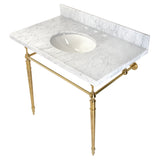 Edwardian 36-Inch Carrara Marble Console Sink with Brass Legs (8-Inch, 3-Hole)
