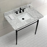 Edwardian 36-Inch Carrara Marble Console Sink with Brass Legs (8-Inch, 3-Hole)