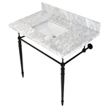 Edwardian 36-Inch Carrara Marble Console Sink with Brass Legs (8-Inch, 3-Hole)