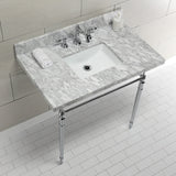 Edwardian 36-Inch Carrara Marble Console Sink with Brass Legs (8-Inch, 3-Hole)