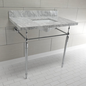 Edwardian 36-Inch Carrara Marble Console Sink with Brass Legs (8-Inch, 3-Hole)