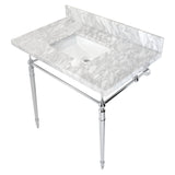 Edwardian 36-Inch Carrara Marble Console Sink with Brass Legs (8-Inch, 3-Hole)